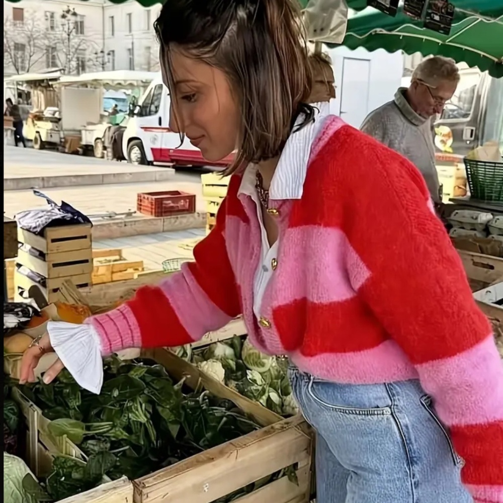 Pink & Red Striped Cropped Cardigan Sweater | Button Detail | Cozy Chic - Picture 3 of 3